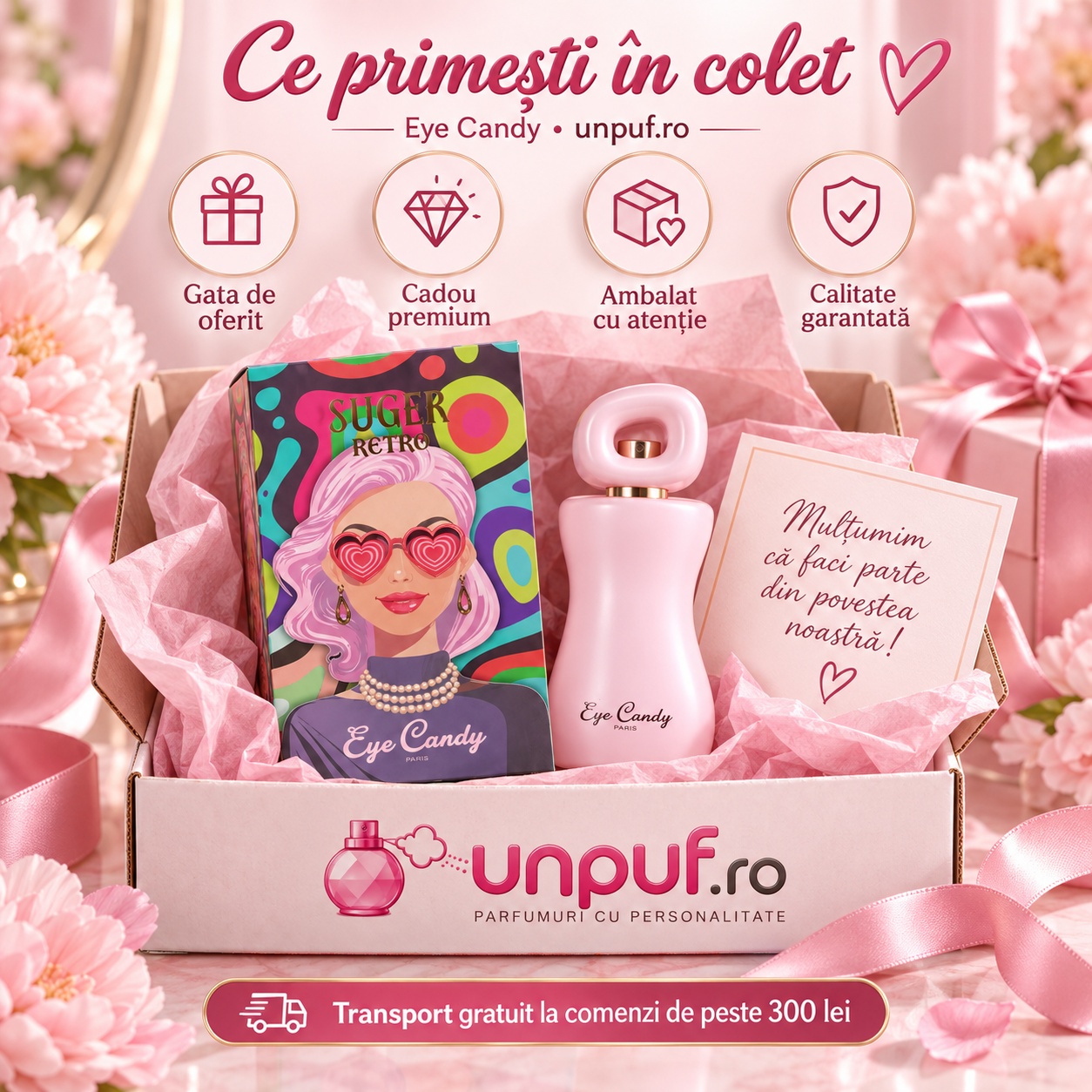 Ce primești în colet Eye Candy Suger Retro ARO-FAC Eau de Parfum 100 ml parfum damă ambalat premium pentru cadou
