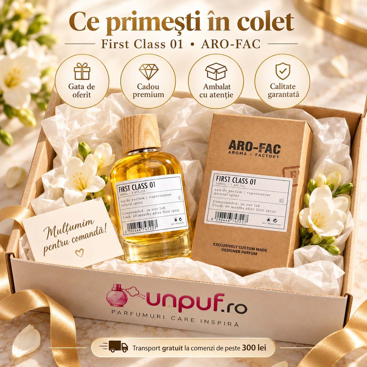 Ce primești în colet First Class 01 ARO-FAC Eau de Parfum 100 ml parfum unisex ambalat premium pentru cadou