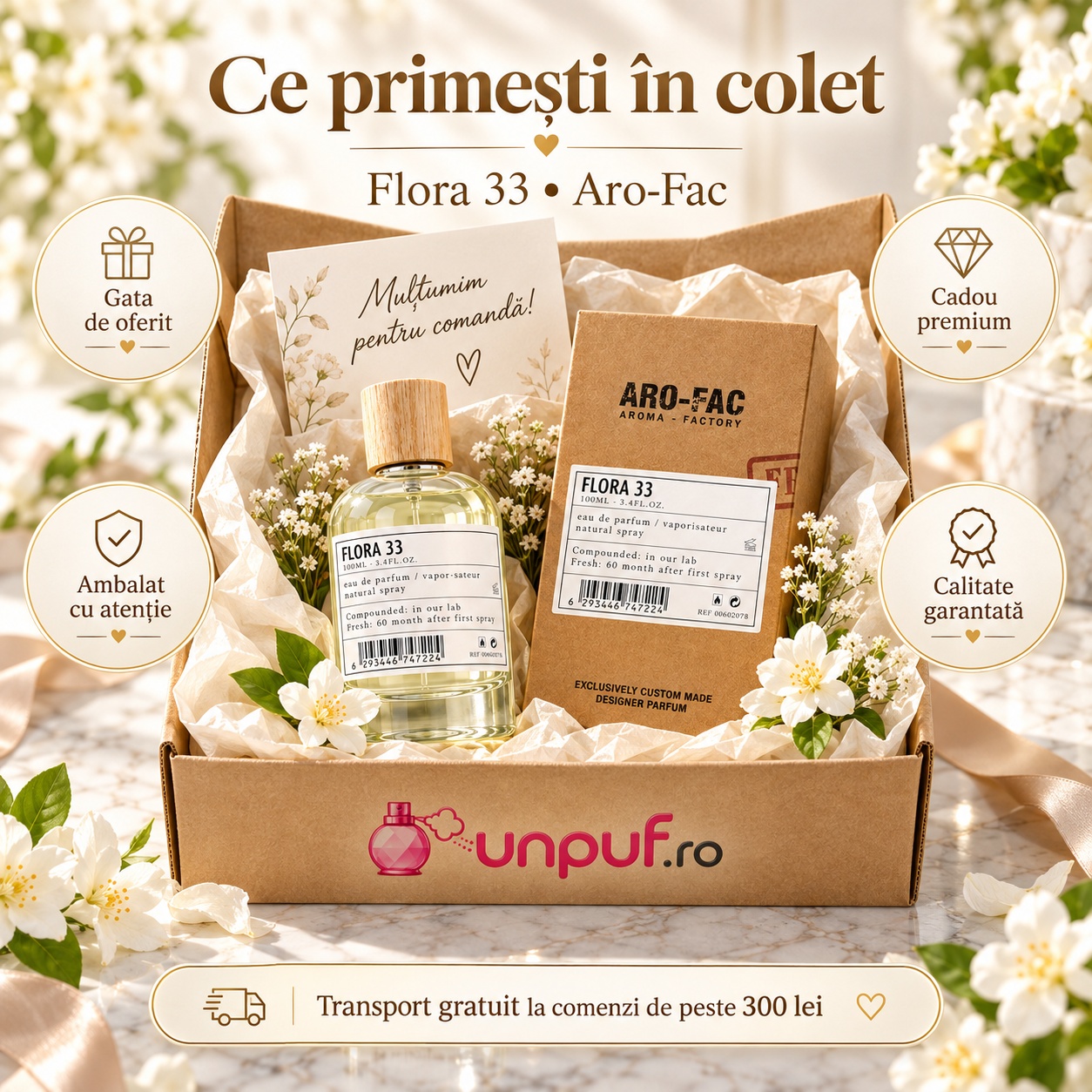 Ce primești în colet Flora 33 ARO-FAC Eau de Parfum 100 ml parfum de damă ambalat premium pentru cadou
