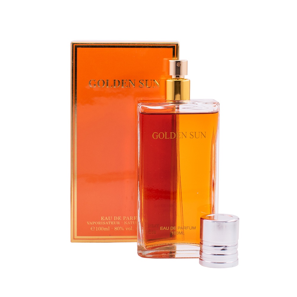 Golden Sun Eau de Parfum 100 ml cu sticlă și cutie pe fundal alb