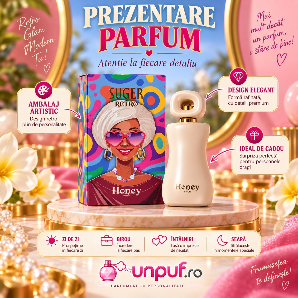 Prezentare Honey Suger Retro Aro-Fac parfum damă cu ambalaj artistic design elegant și idee de cadou