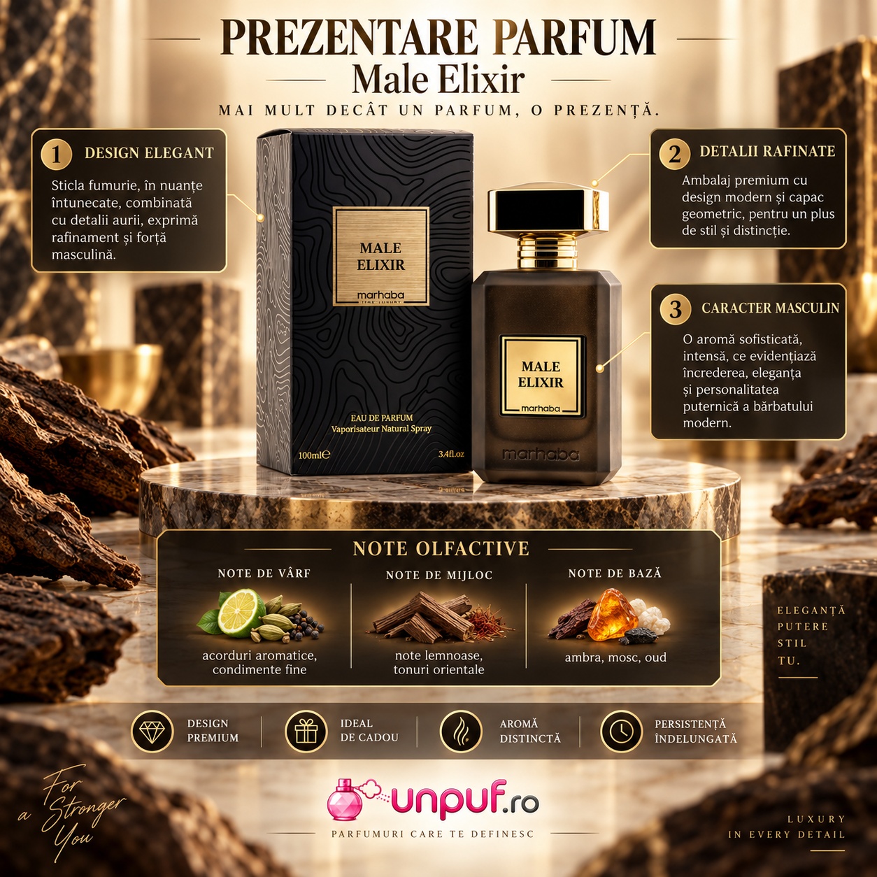 Prezentare parfum Male Elixir Marhaba 100 ml cu note olfactive lavandă mentă vanilie miere tonka și tutun