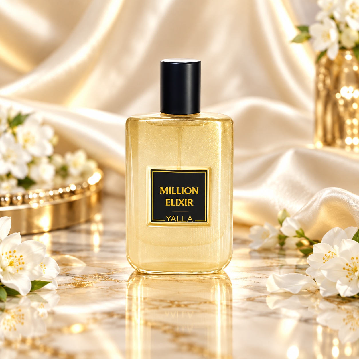 Flacon Million Elixir Yalla parfum bărbătesc 50 ml cu lichid auriu și capac negru