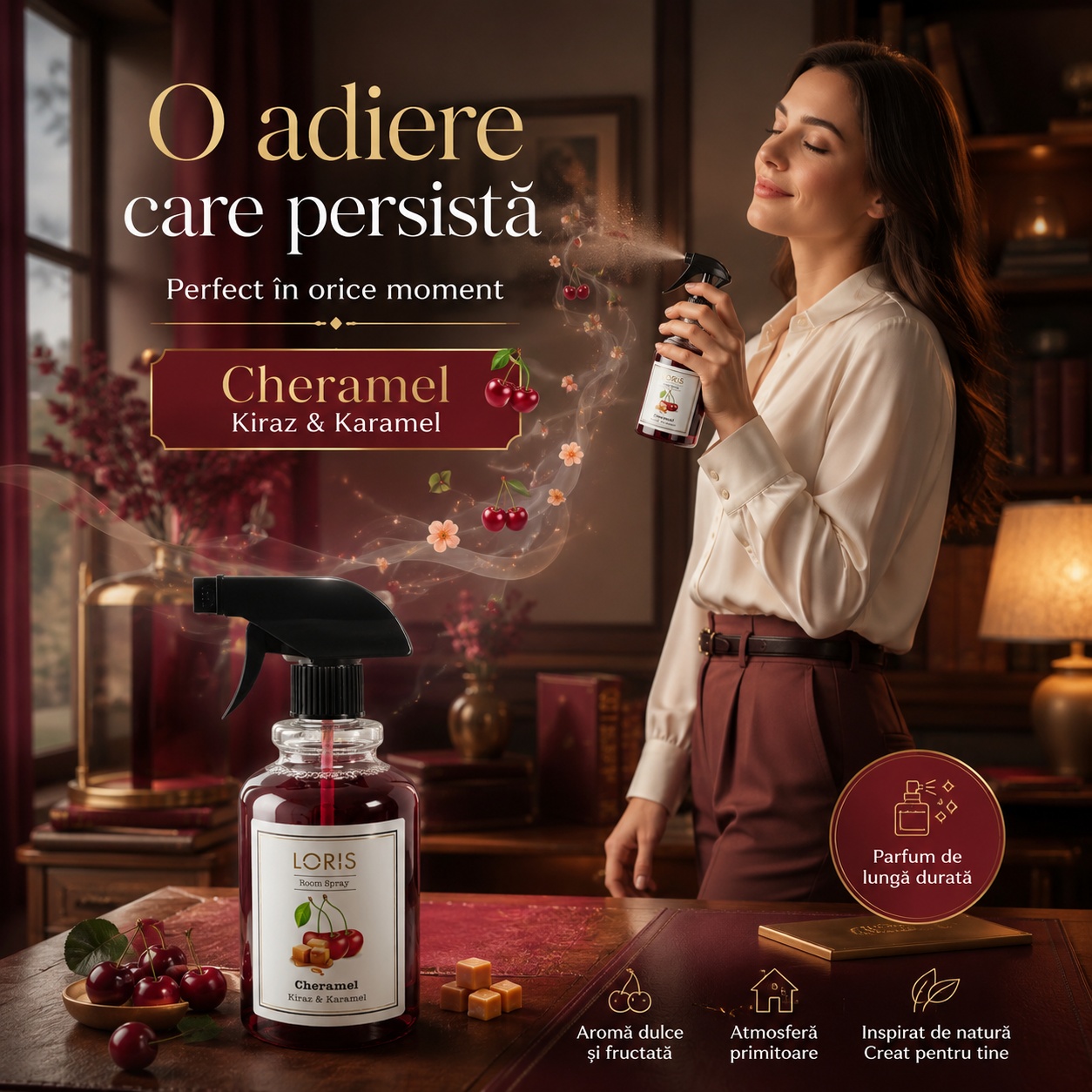 Loris Cheramel Room Spray 500 ml pentru cameră hol baie și auto aromă de cireșe și caramel