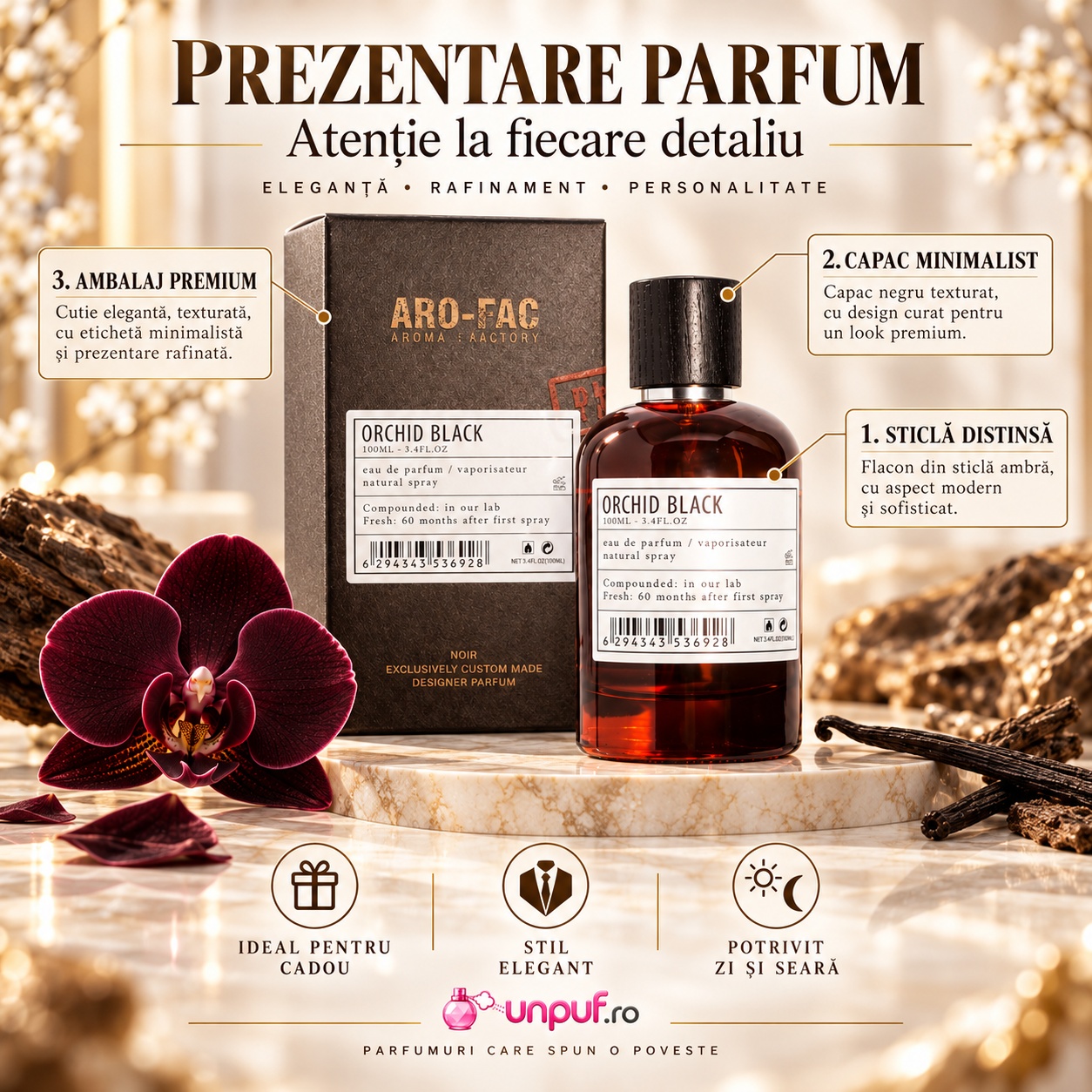 Prezentare parfum Orchid Black Aro-Fac 100 ml cu detalii despre ambalaj capac și stil premium