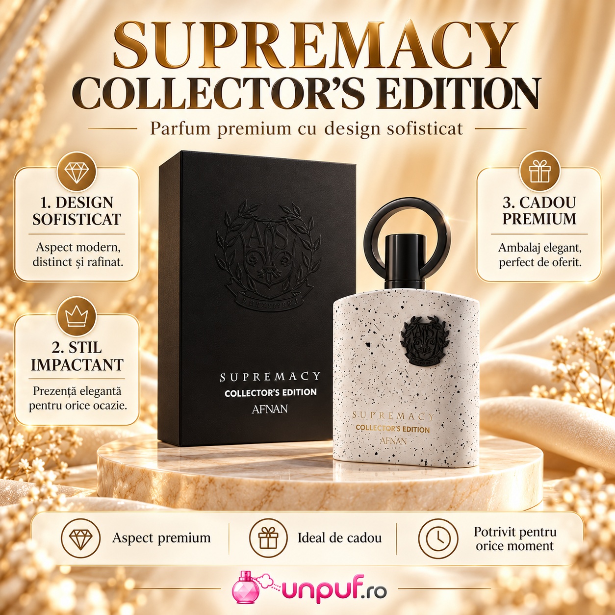 Afnan Supremacy Collector's Edition 100 ml design sofisticat alb negru și auriu