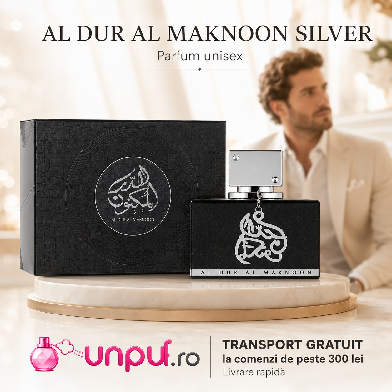 Al Dur Al Maknoon Silver Lattafa parfum bărbat 100 ml cu flacon negru și cutie premium, transport gratuit