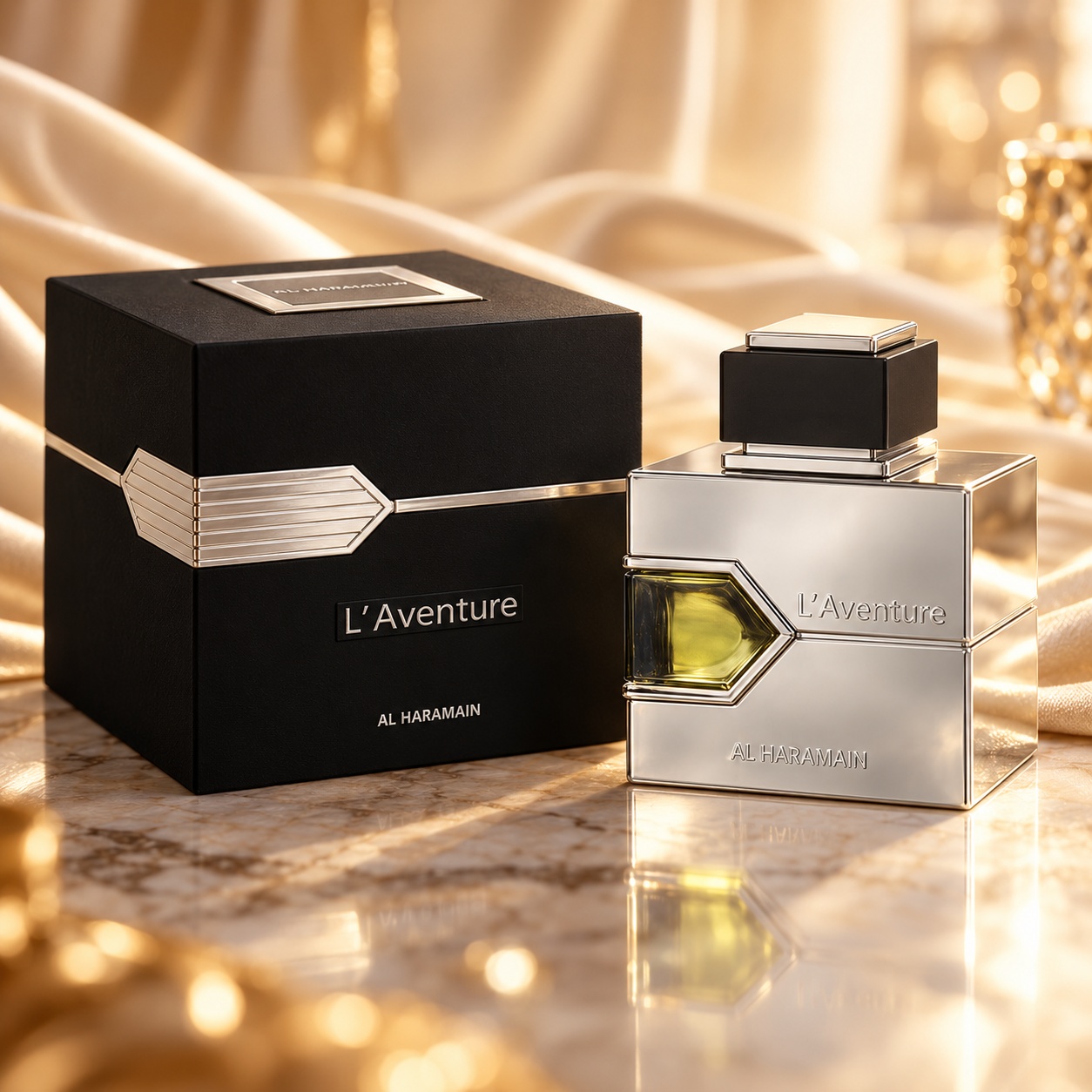 Al Haramain L’Aventure 100 ml parfum bărbătesc cu flacon argintiu și cutie neagră premium
