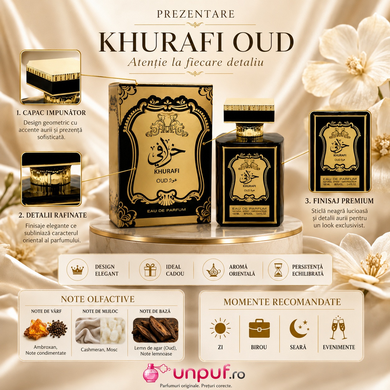 Prezentare parfum Al Raheeb Khurafi Oud cu capac impunător, detalii rafinate, finisaj premium, note de ambroxan, cashmeran, mosc, oud și note lemnoase