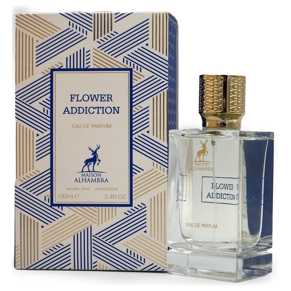 Parfum Alhambra Addiction Flower Maison Alhambra 100 ml sticlă și cutie pe fundal alb