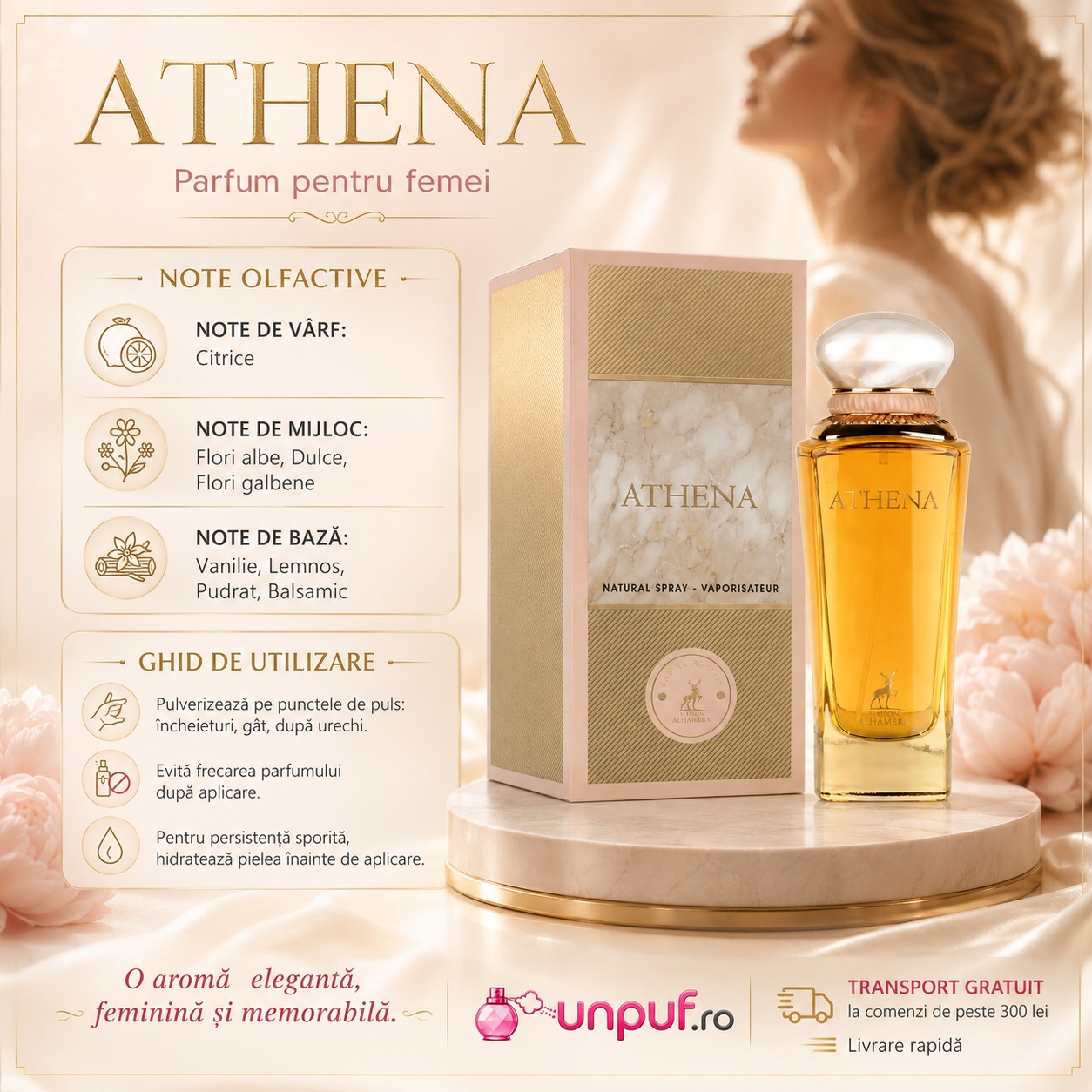 Prezentare parfum Alhambra Athena Maison Alhambra 100 ml cu note olfactive și ghid de utilizare