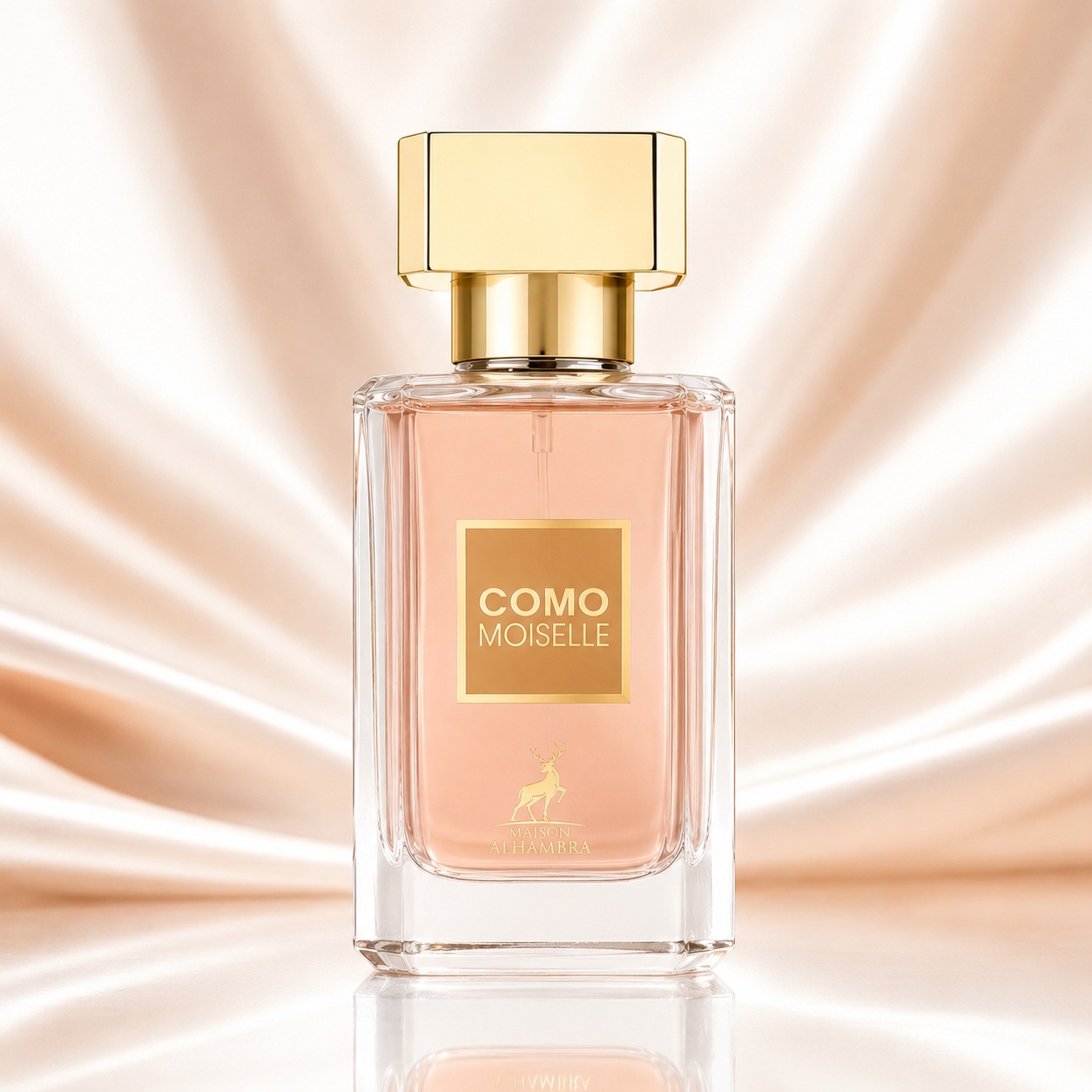 Sticlă parfum Alhambra Como Moiselle 30 ml pe fundal satinat roz auriu premium