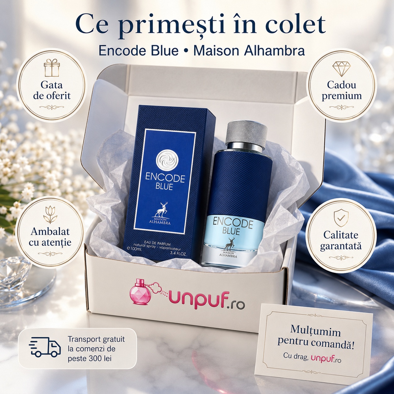 Ce primești în colet Parfum Alhambra Encode Blue Maison Alhambra 100 ml ambalat cu atenție