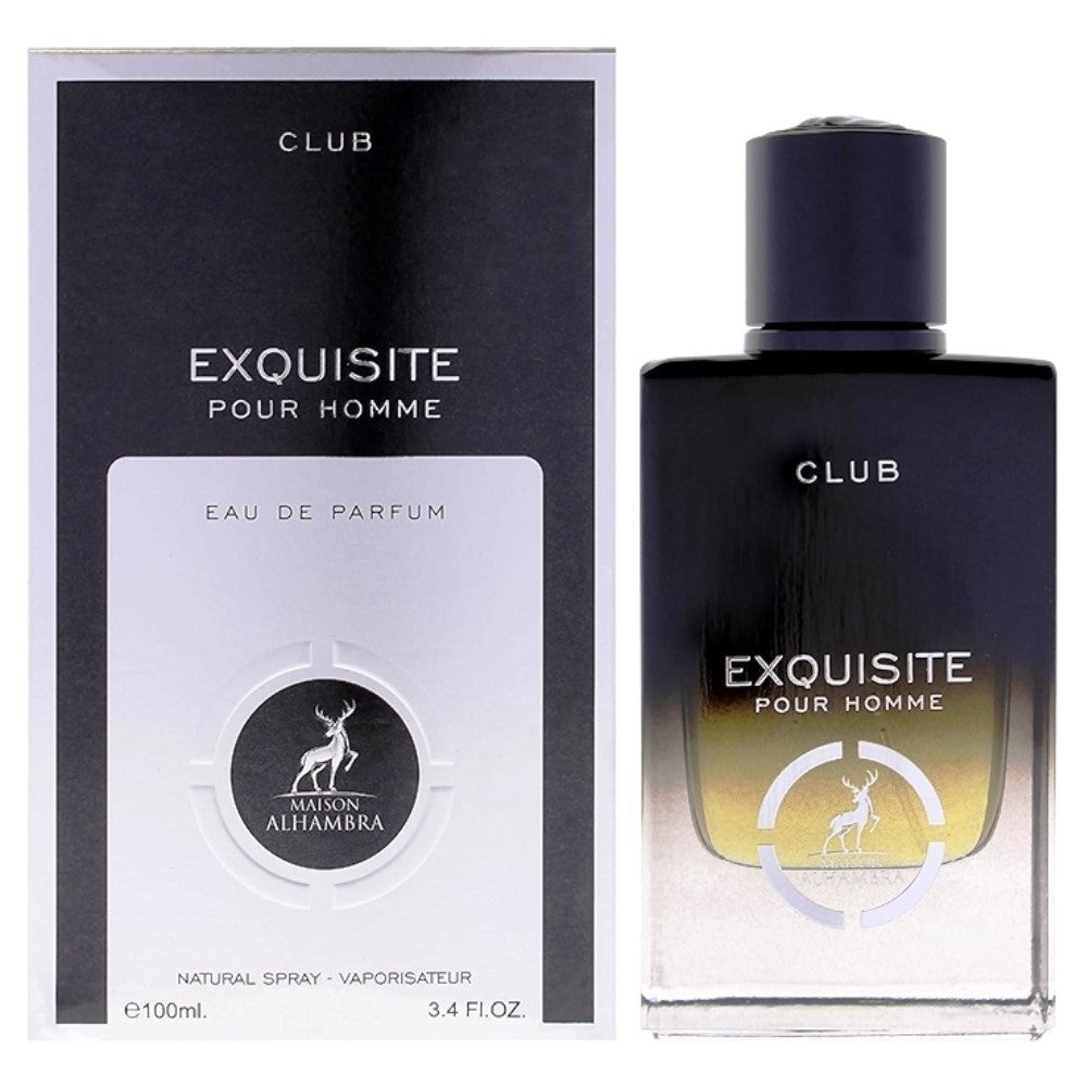 Parfum Alhambra Exquisite Club Maison Alhambra 100 ml sticlă și cutie pe fundal alb