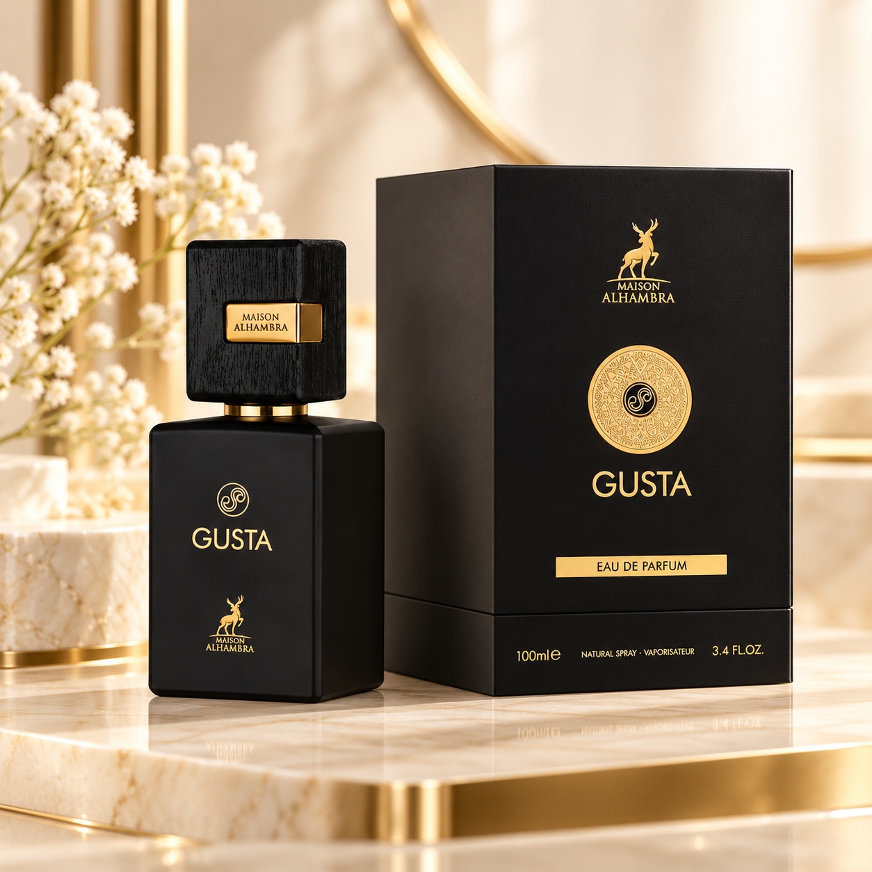 Alhambra Gusta Eau de Parfum 100 ml parfum oriental modern cu flacon negru și cutie premium