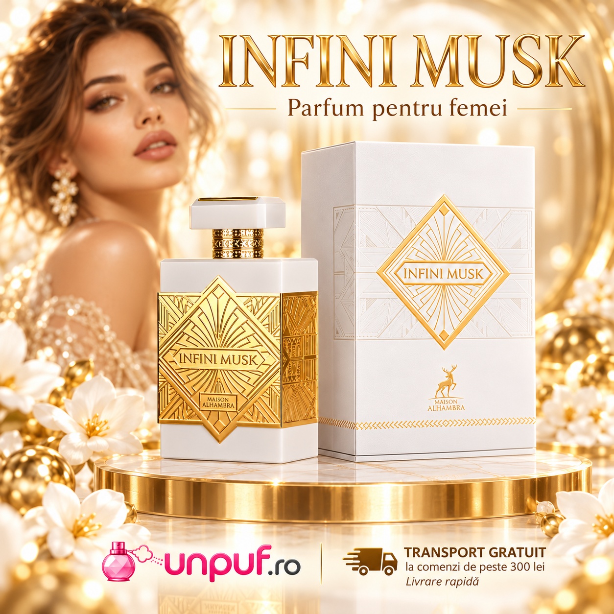 Alhambra Infini Musk parfum elegant curat memorabil cu flacon alb auriu Maison Alhambra