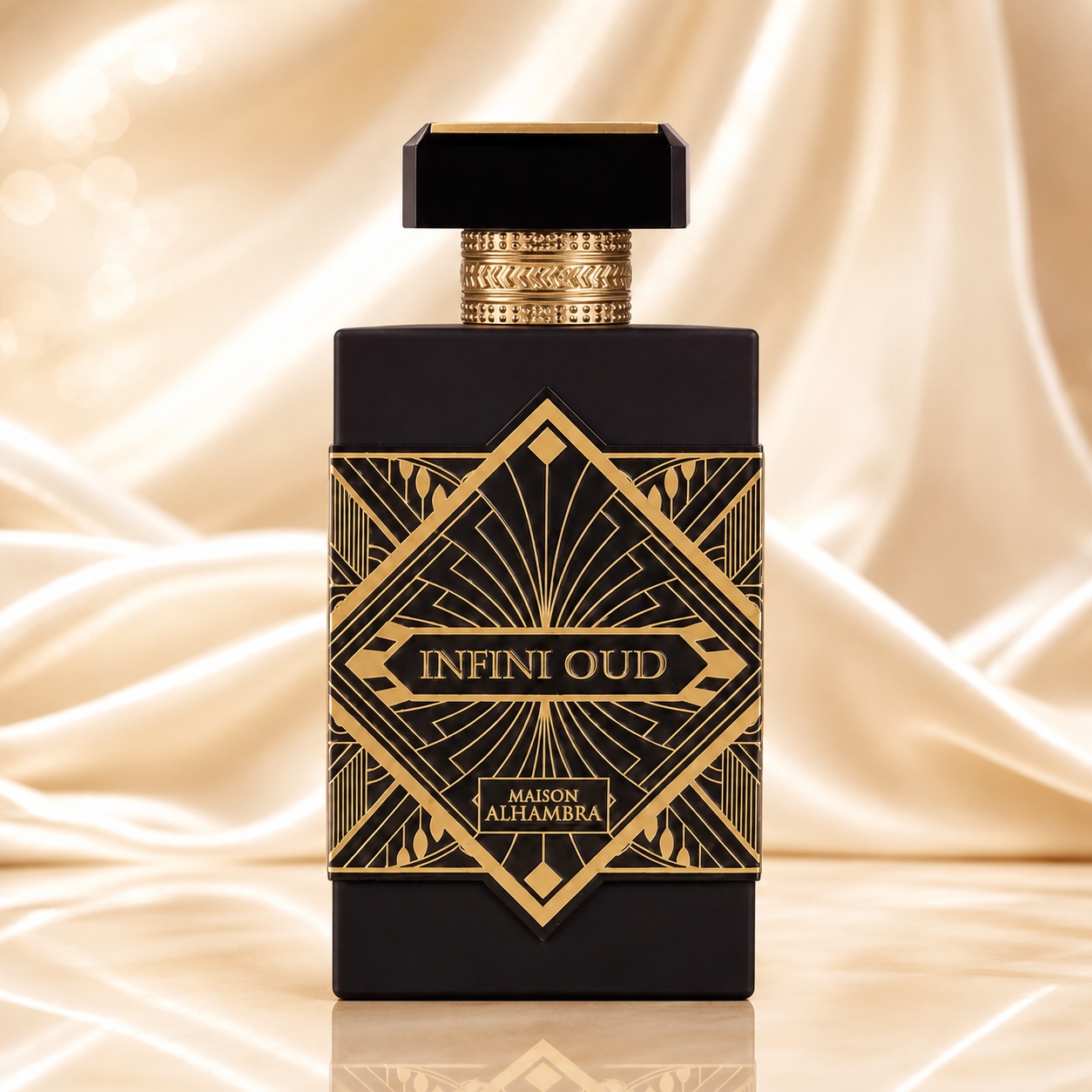 Sticlă Parfum Alhambra Infini Oud Maison Alhambra 100 ml pe fundal auriu premium