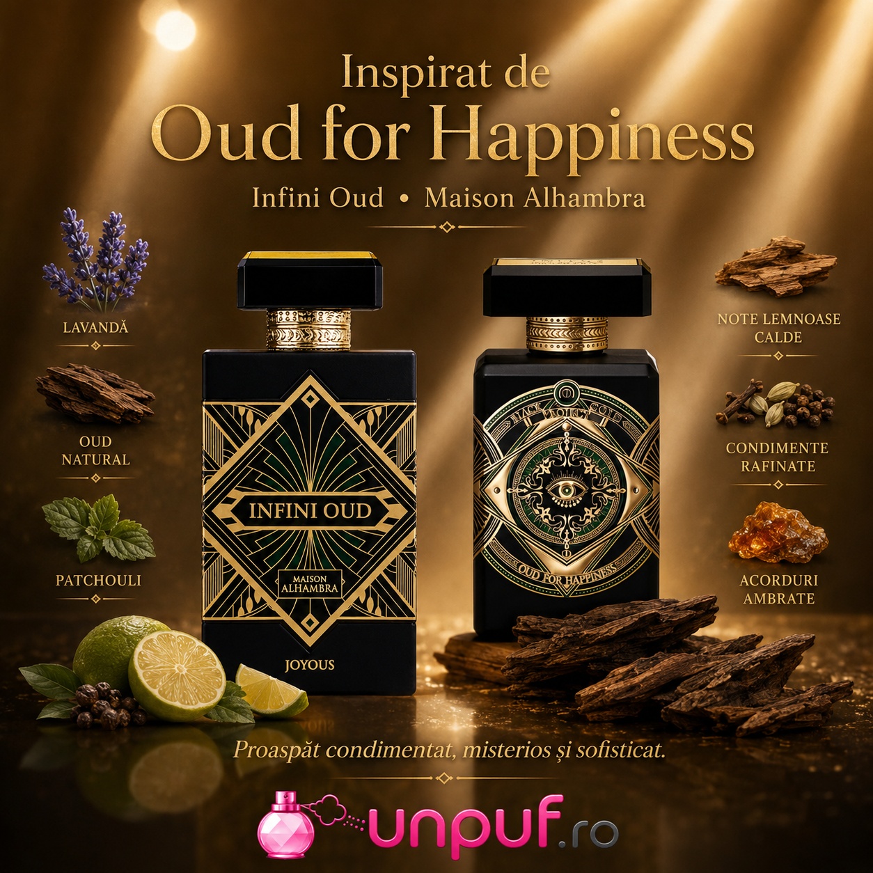 Parfum Alhambra Infini Oud Joyous inspirat de Oud for Happiness cu oud, lavandă, patchouli, condimente rafinate și acorduri ambrate