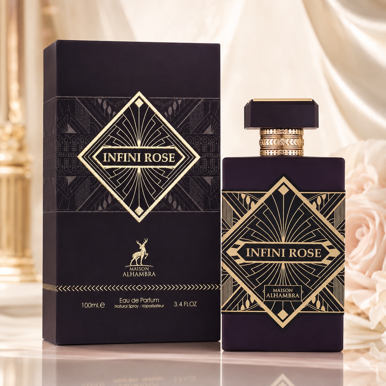 Parfum Arăbesc Alhambra Infini Rose Maison Alhambra 100 ml cu sticlă mov și cutie premium