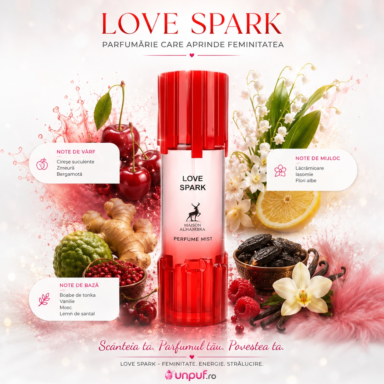 Love Spark Body Mist cu note de cireșe, zmeură, bergamotă, lăcrămioare, iasomie, vanilie, tonka, mosc și santal