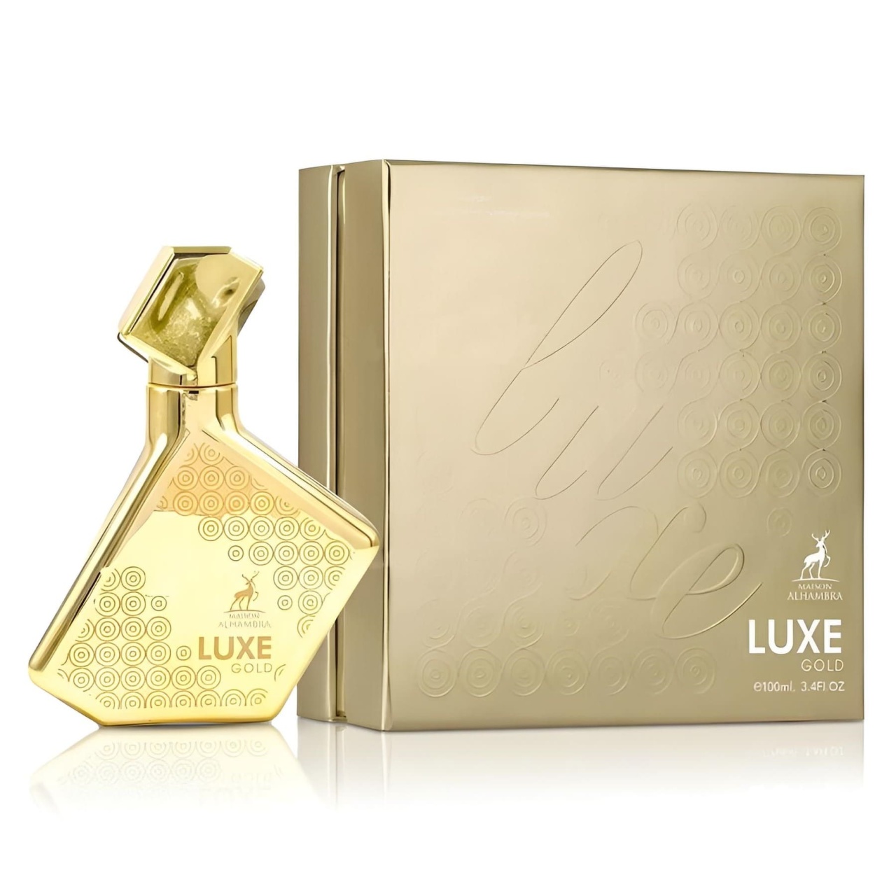 Parfum Alhambra Luxe Gold Maison Alhambra 100 ml sticlă și cutie pe fundal alb