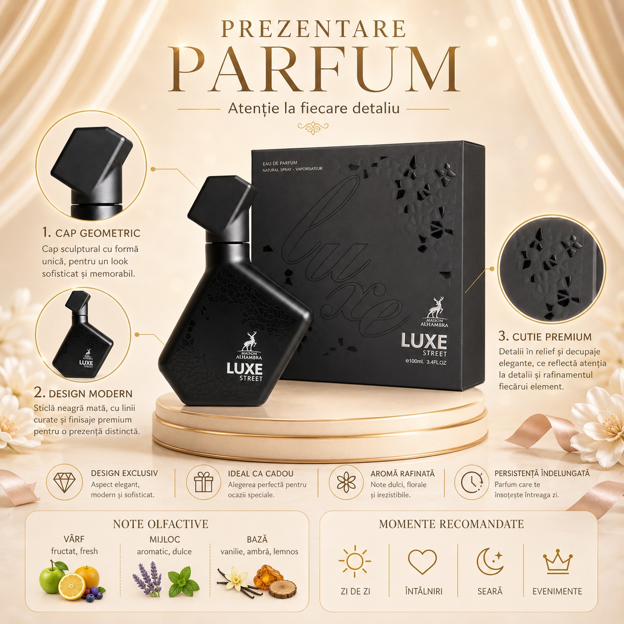 Alhambra Luxe Street note olfactive cu vârf fructat fresh mijloc aromatic dulce și bază de vanilie ambră și lemnos