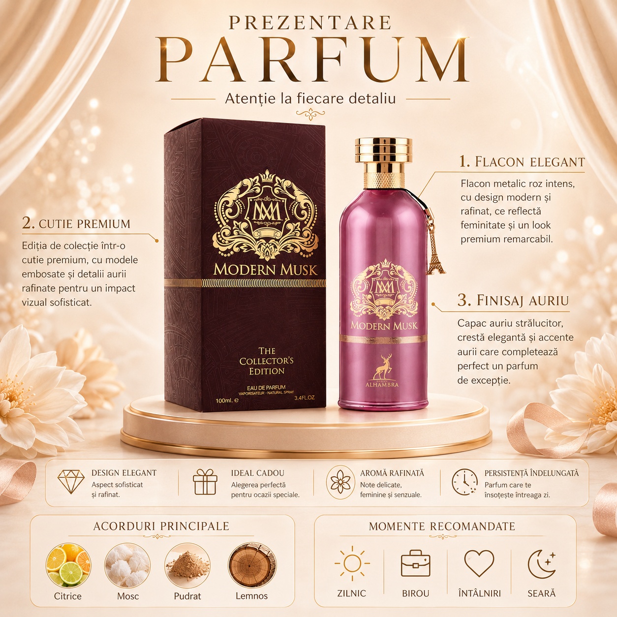 Alhambra Modern Musk note olfactive aldehide bergamotă flori albe iris ambră lemn alb mosc alb