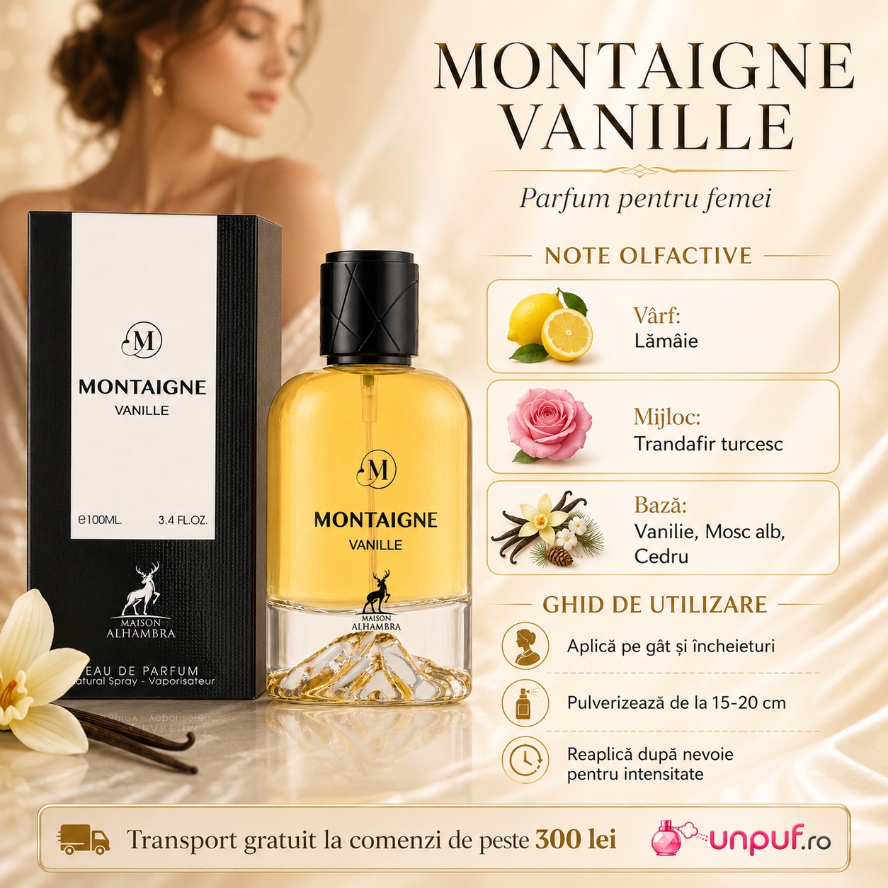 Note olfactive și ghid de utilizare Alhambra Montaigne Vanille cu lămâie, trandafir turcesc, vanilie, mosc alb și cedru