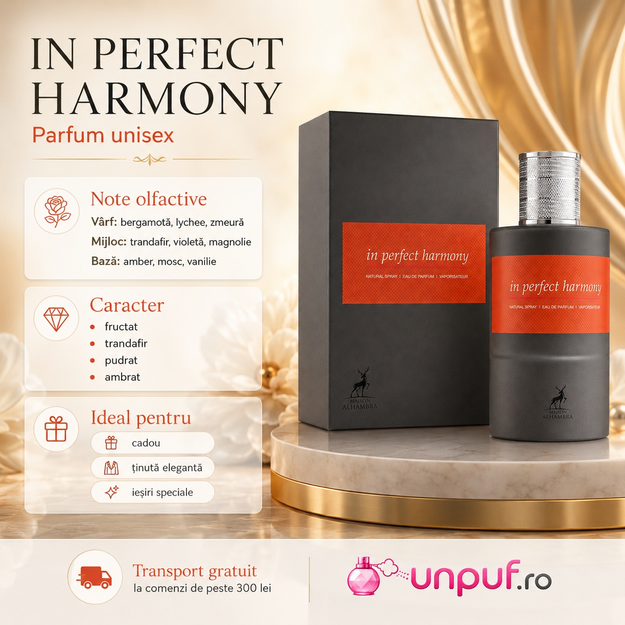 Prezentare parfum Alhambra Perfect Harmony Maison Alhambra 100 ml cu caracter fructat trandafir pudrat și ambrat