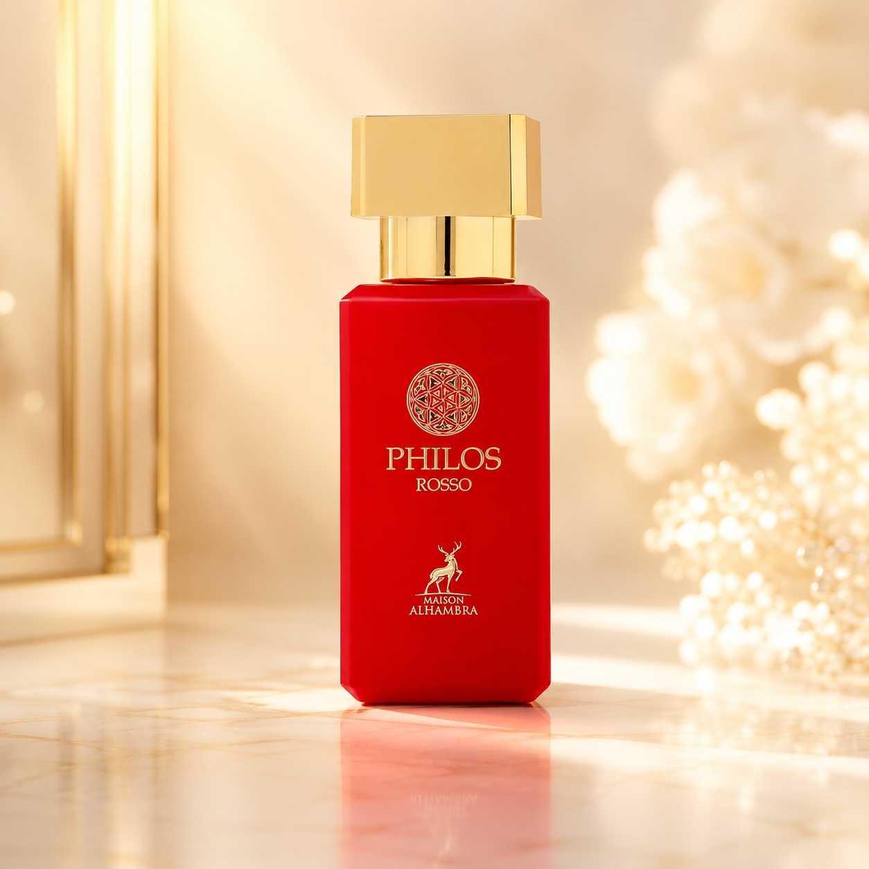 Sticlă parfum Alhambra Philos Rosso 30 ml pe fundal satinat premium cu accente roșii și aurii