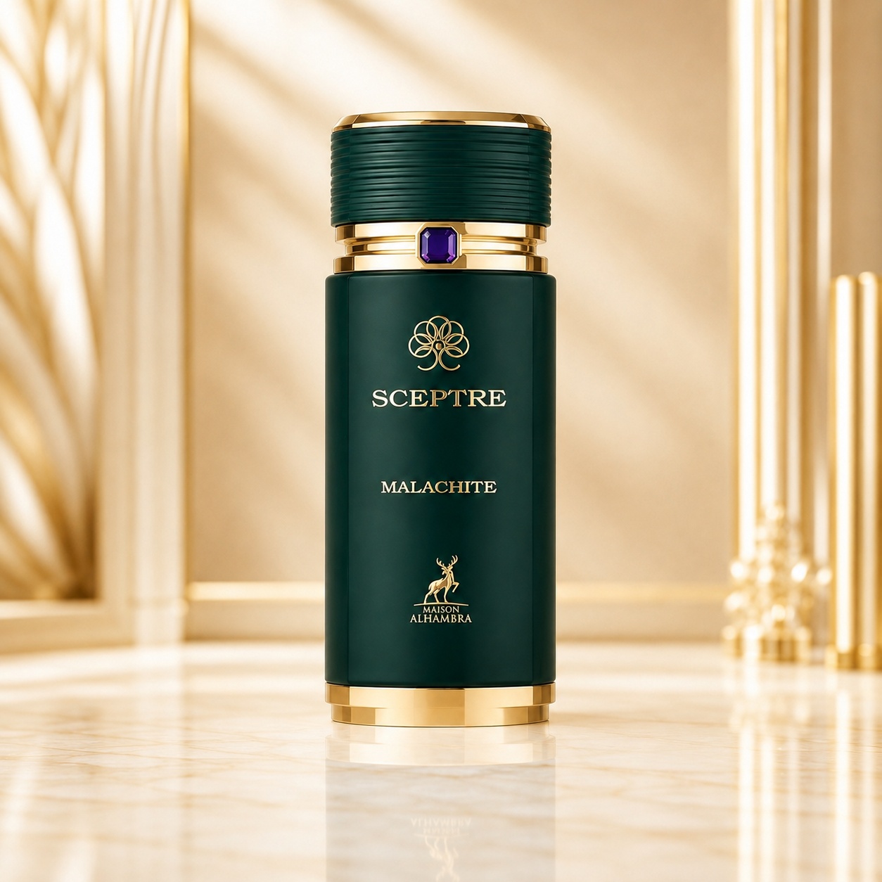 Sticlă parfum Alhambra Sceptre Malachite 100 ml verde cu detalii aurii pe fundal premium