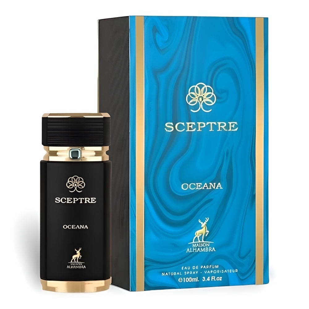 Produs real Alhambra Sceptre Oceana 100 ml cu sticlă neagră și cutie turcoaz Maison Alhambra