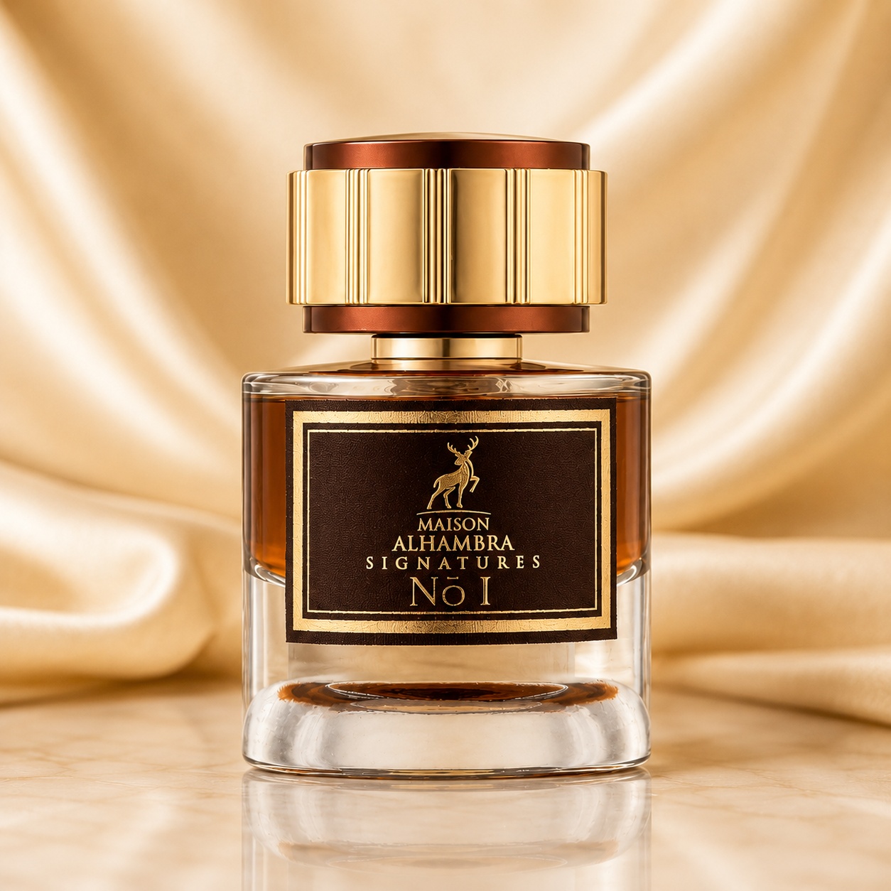 Sticlă parfum Alhambra Signatures No. 1 50 ml pe fundal satinat auriu premium