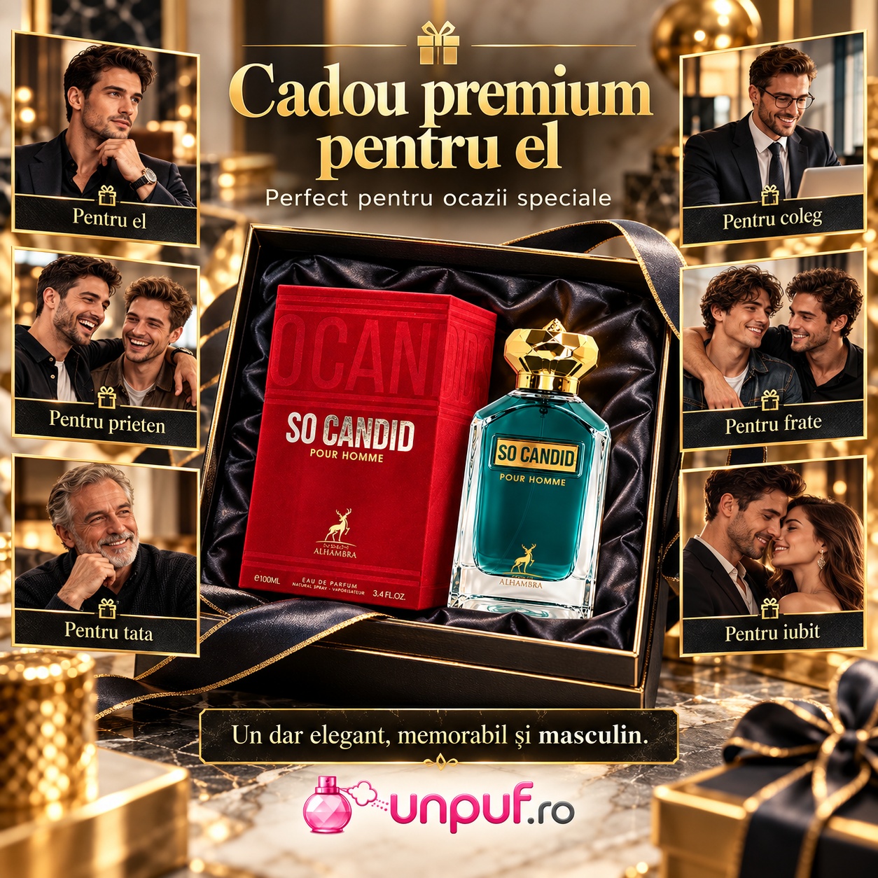 So Candid Pour Homme Alhambra cadou premium pentru bărbați cu flacon teál și cutie roșie