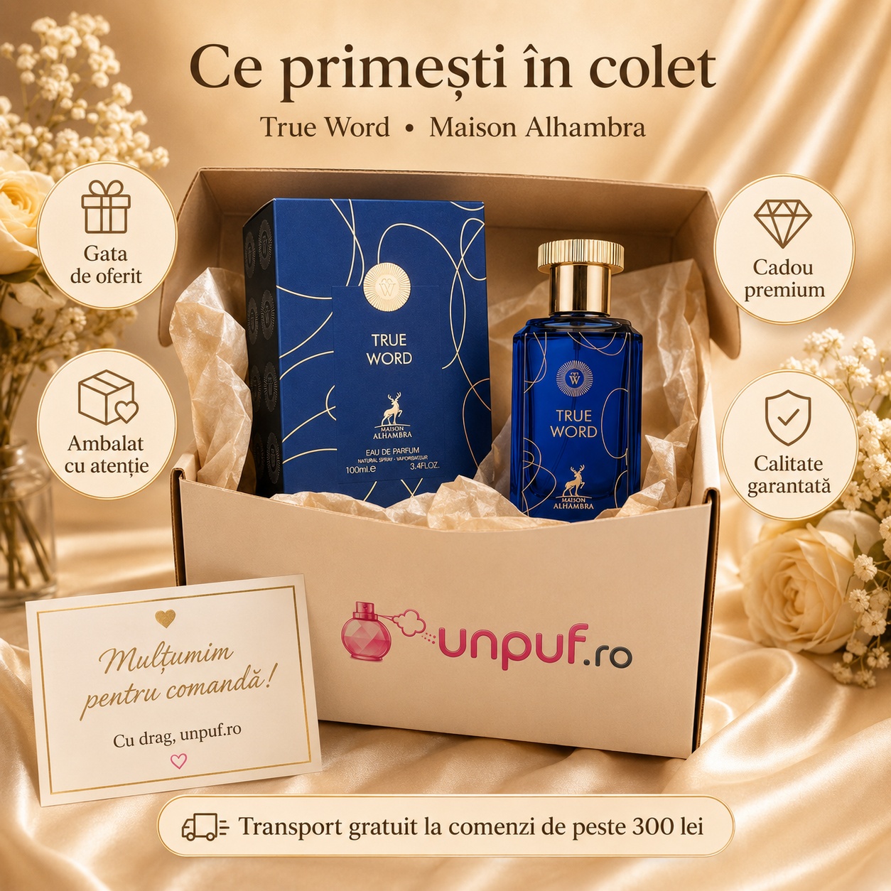 Ce primești &icirc;n colet Parfum Alhambra True Word Maison Alhambra 100 ml ambalat cu atenție
