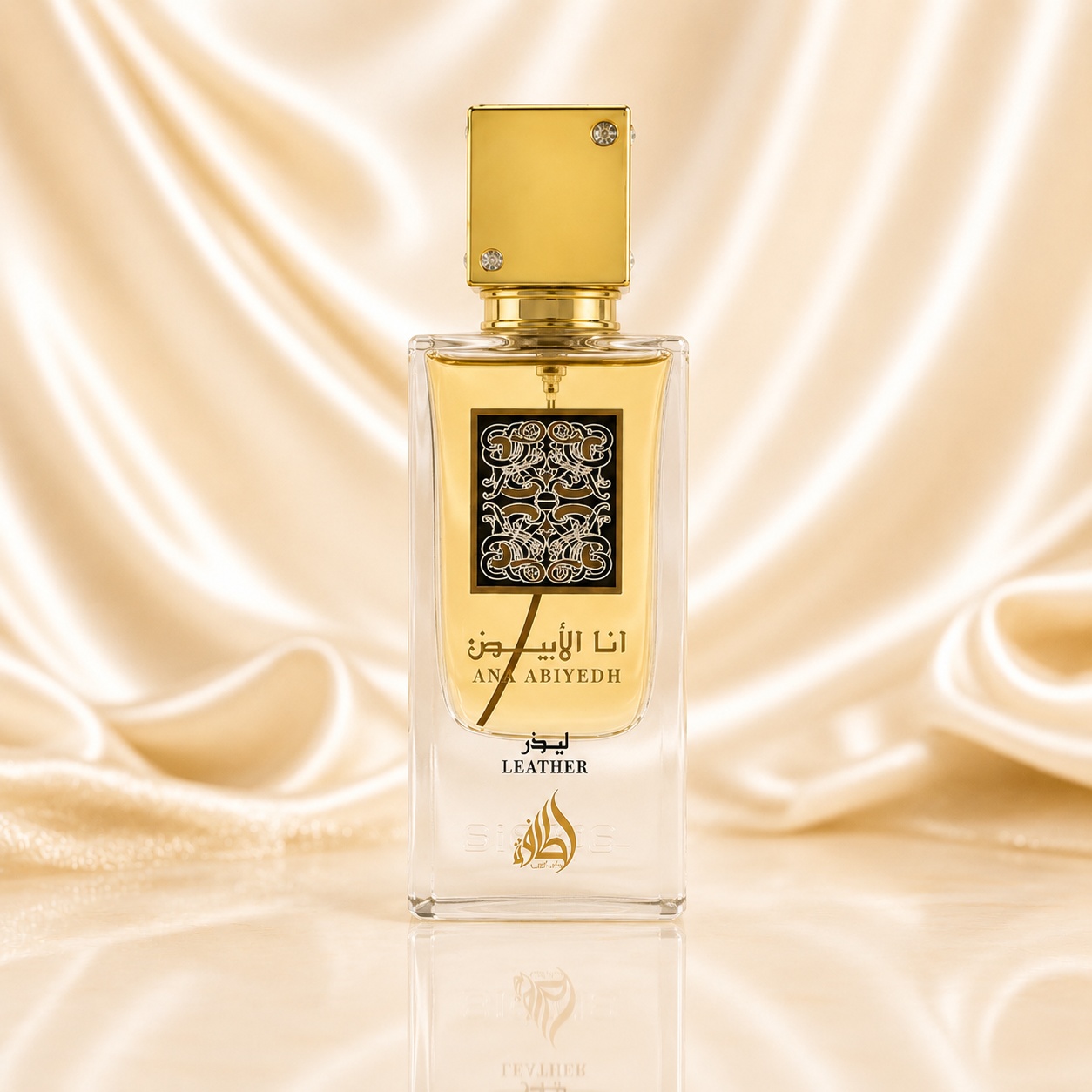 Sticlă parfum Ana Abiyedh Leather Lattafa 60 ml pe fundal satinat auriu premium