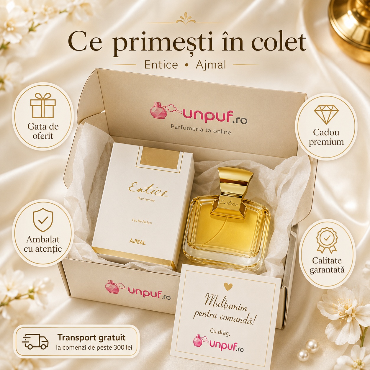 Ce primești în colet Ajmal Entice 75 ml, produs sigilat, ambalare premium și transport gratuit peste 300 lei