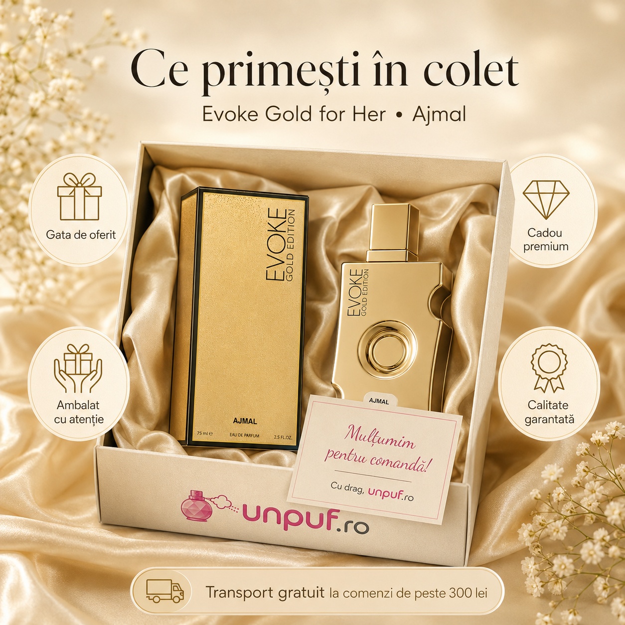 Ce primești în colet Ajmal Evoke Gold Ed Her 75 ml, parfum original ambalat cu atenție și cadou premium