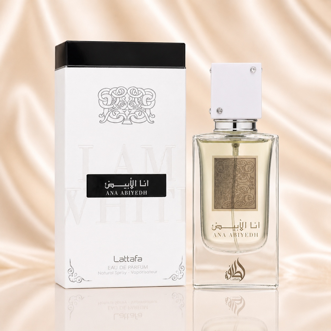 Ana Abiyedh White parfum Lattafa cu flacon și ambalaj