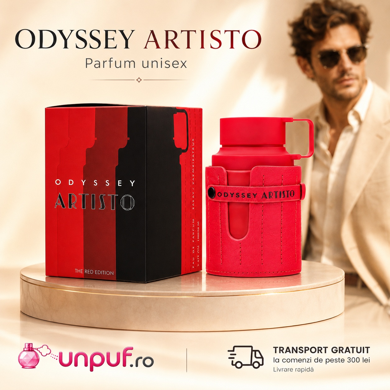 Armaf Odyssey Artisto parfum cu prezentare premium, flacon roșu și transport gratuit la comenzi eligibile