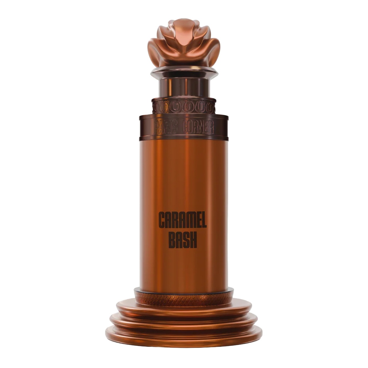 Flacon original Caramel Bash Paris Corner 100 ml caramel auriu pe fundal alb