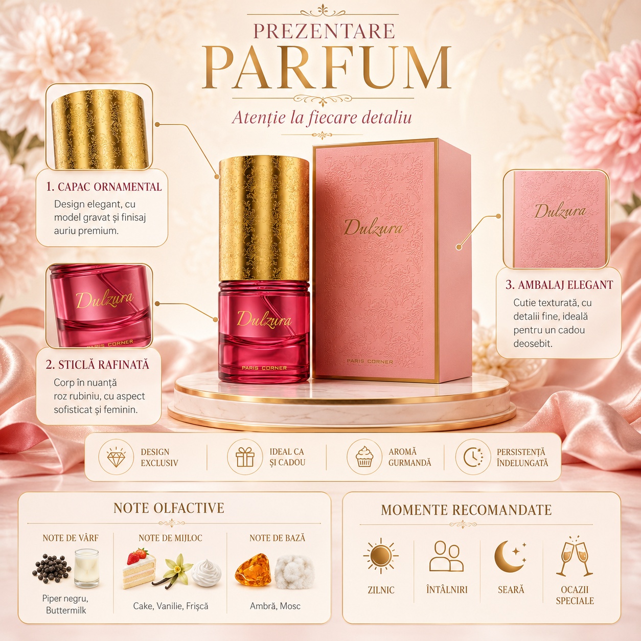 Prezentare Dulzura Paris Corner cu capac ornamental, sticlă rafinată, ambalaj elegant, aromă gurmandă și persistență &icirc;ndelungată