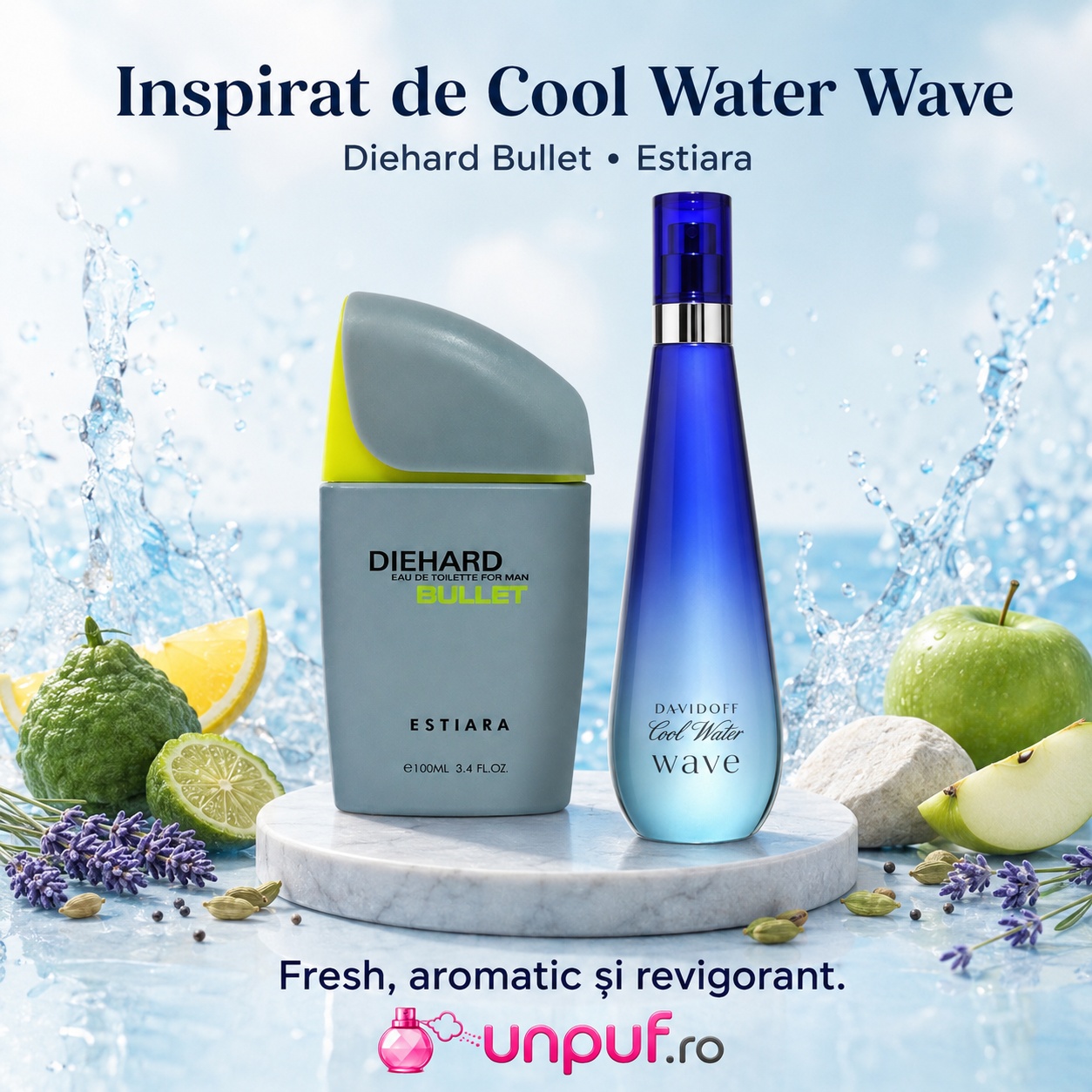 Estiara Die Hard Bullet inspirat de Cool Water Wave, parfum fresh, aromatic și revigorant