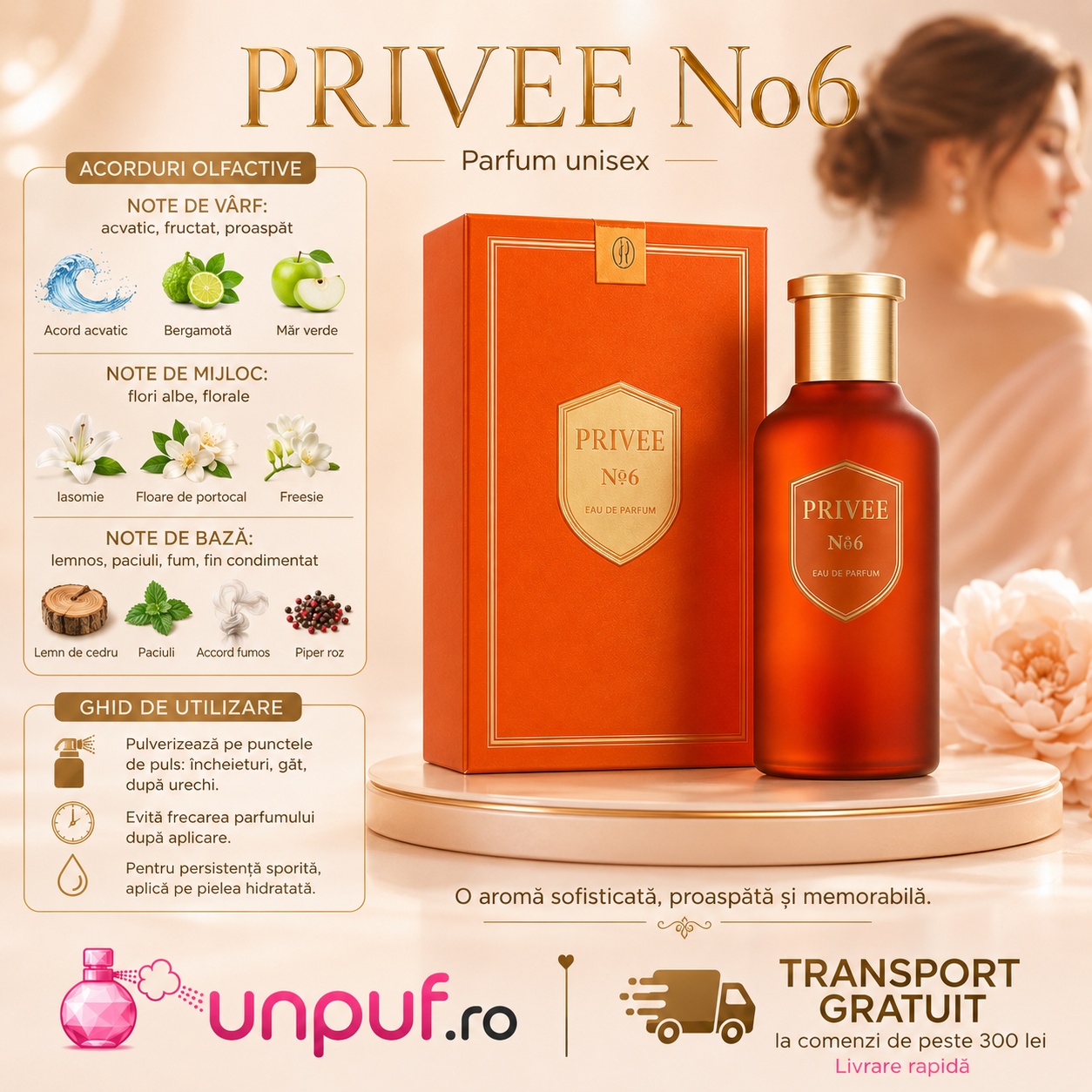 Flavia Privee No6 note olfactive acord acvatic, bergamotă, măr verde, iasomie, floare de portocal, frezie, cedru, paciuli, fum și piper roz