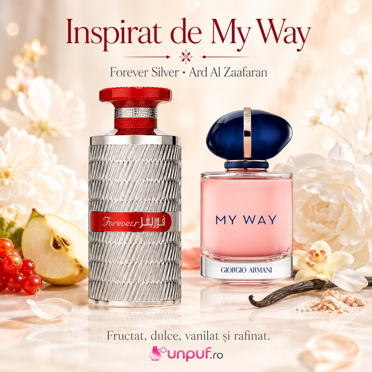 Forever Silver Ard Al Zaafaran inspirat de My Way, parfum fructat dulce vanilat și rafinat