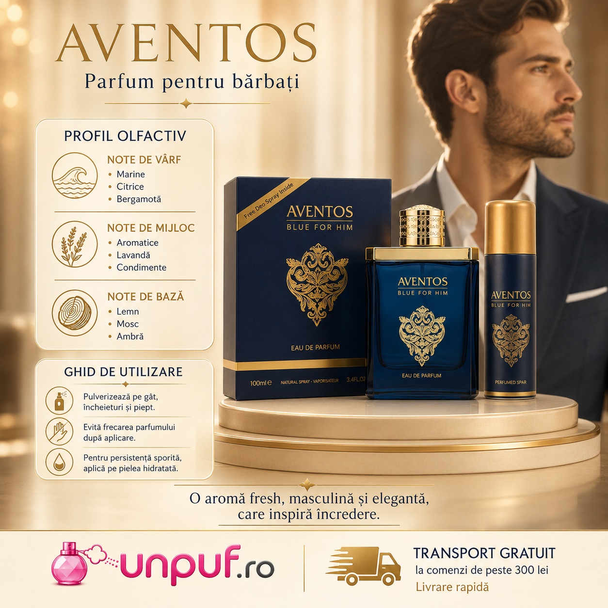 Profil olfactiv Fragrance World Aventos Blue cu note de apă de mare, citrice, ambroxan, tonka, lichen, vanilie și vetiver
