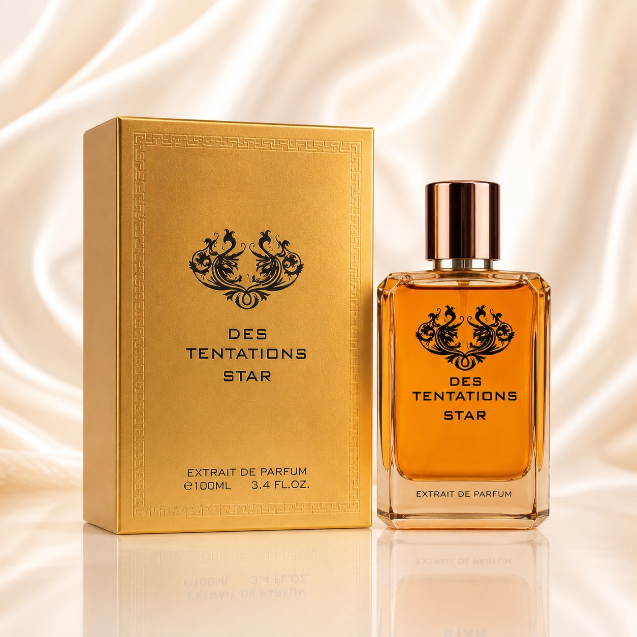 Parfum Arăbesc Fragrance World Des Tentation Star Eau de Parfum 100ml, sticlă aurie și cutie elegantă