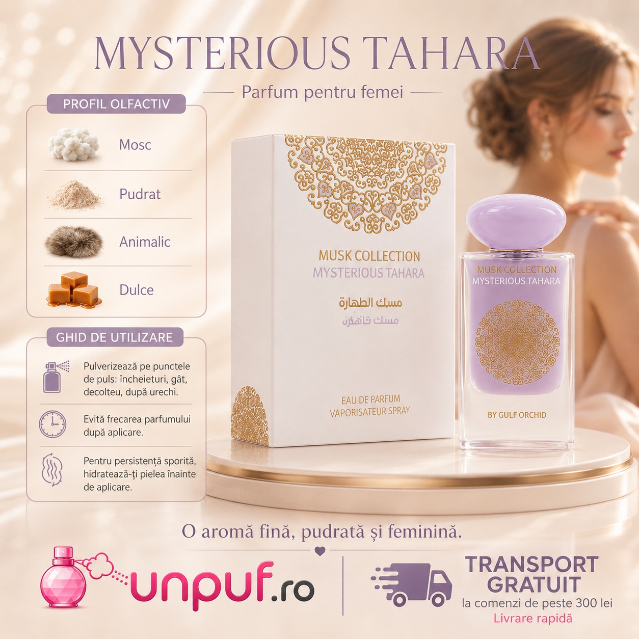 Profil olfactiv Gulf Orchid Mysterious Tahara cu note de mosc, pudrat, animalic și dulce