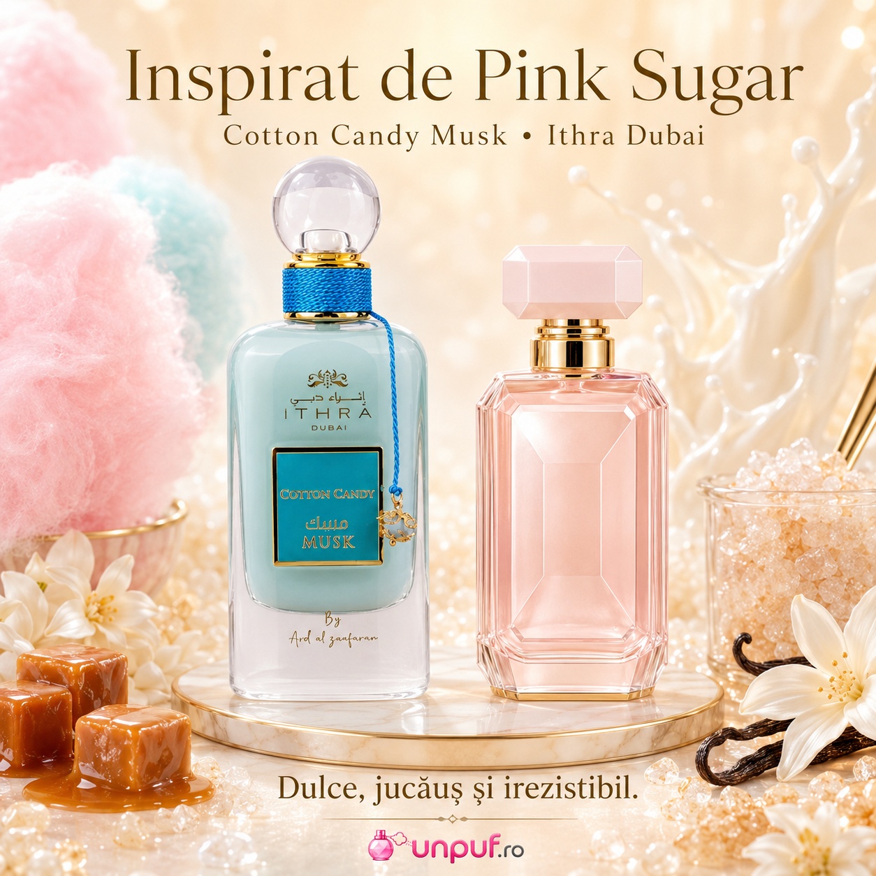 Ithra Dubai Cotton Candy Musk inspirat de Pink Sugar, parfum dulce jucăuș și irezistibil cu vată de zahăr, caramel, vanilie și flori albe