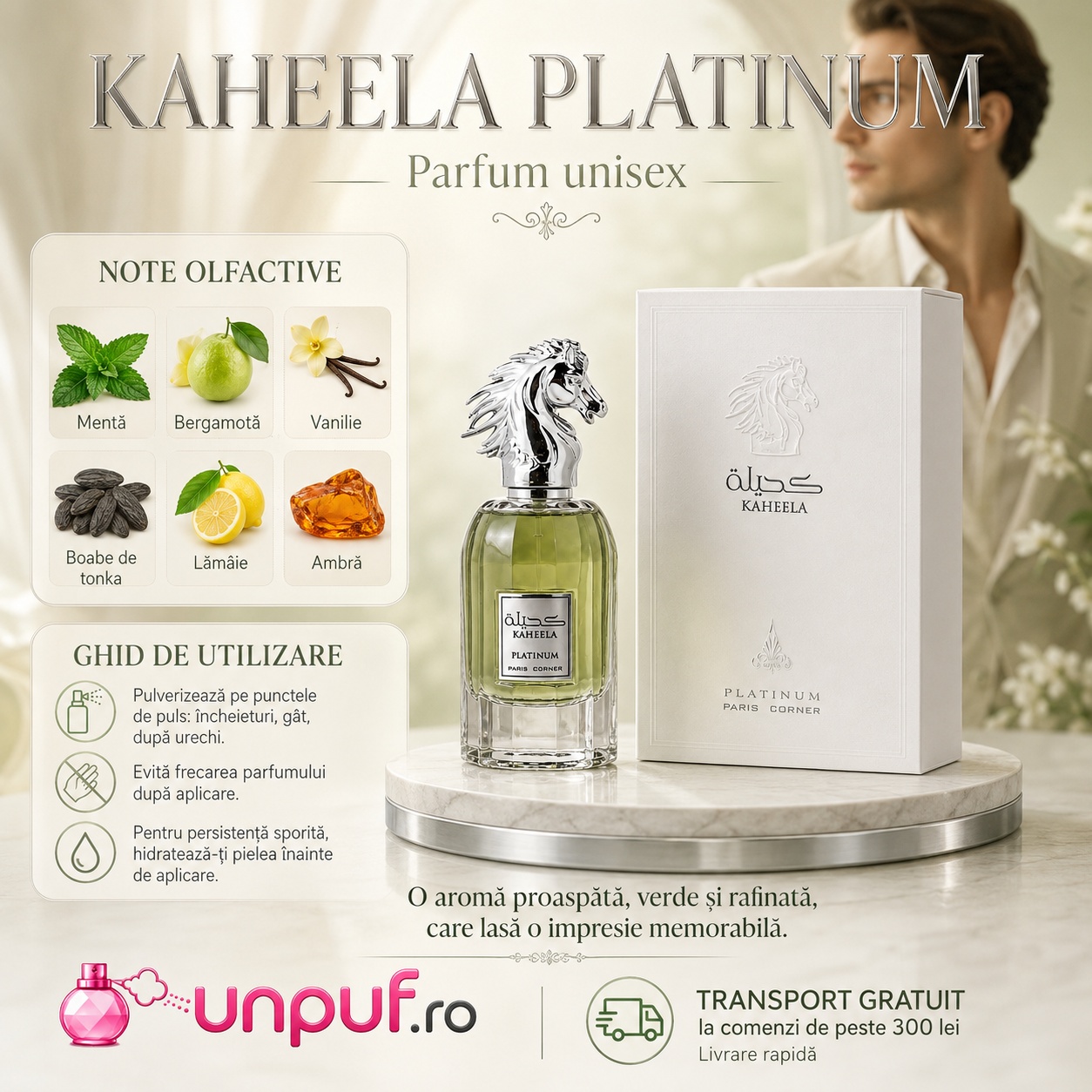 Kaheela Platinum parfum unisex cu note de mentă, bergamotă, vanilie, boabe de tonka, lăm&acirc;ie și ambră, ghid de utilizare și aromă proaspătă rafinată